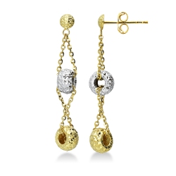 18k white and yellow gold drop earrings with diamond cut pendants 