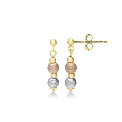 Pendientes con bolitas diamantadas en oro amarillo, blanco y rosa de 18k