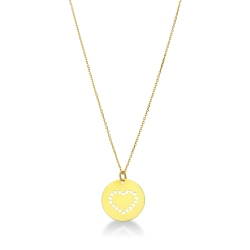 Collier en or jaune 18k avec medaille plate et coeur ajoure