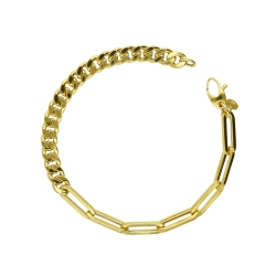 Bracelet gourmette et maillons trombone en or jaune 18k