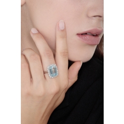 Halo ring white gold 18k with aquamarine emerald cut and diamonds  2