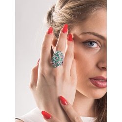 18k white gold band braided wire ring with emeralds and diamonds  2