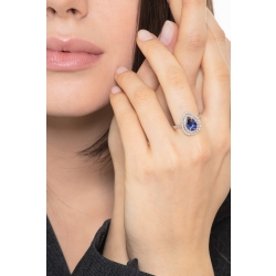 White gold 18k halo ring with pear cut blue sapphire and diamonds shoulder set 2
