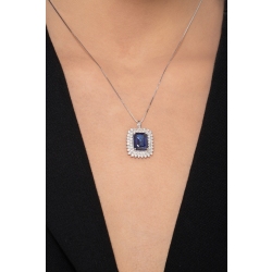 Necklace with pendant, central emerald cut blue sapphire and round cut diamonds 2