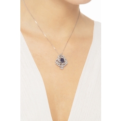 Collier en or blanc 18k avec pendentif rosace saphir bleu et diamants 2