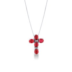Weißgold Kreuzkette mit Rubinen und Diamanten