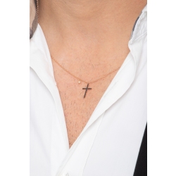 Collier en or rose 18k avec croix orné de diamants noirs et d'un diamant  2