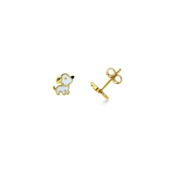 Pendientes en oro amarillo 18k con perrito esmaltado blanco