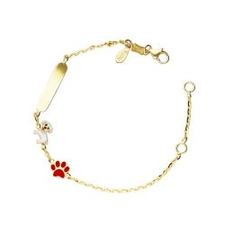 18k yellow gold with white dog, red paw charms and engravable platelet