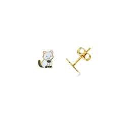 Pendientes en oro amarillo 18k con gatito esmaltado