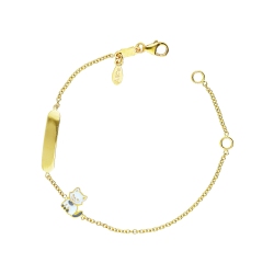 18k yellow gold bracelet with engravable platelet and little white cat charm