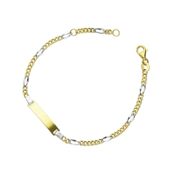 Pulsera en oro blanco y amarillo 18k con placa grabable, 16 cm