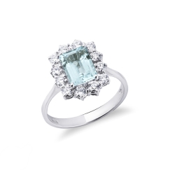 Halo ring with aquamarine emerald cut and diamonds white gold 18k 