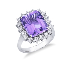 Emerald-cut amethyst diamond halo ring in 18kt white gold