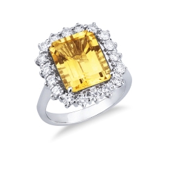 Emerald-cut yellow citrine ring with diamonds in 18kt white gold