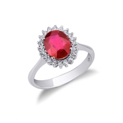 White gold 18k halo ring with diamonds and ruby