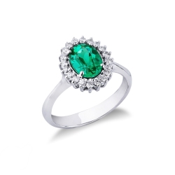 Halo ring white gold 18k with diamonds and emerald