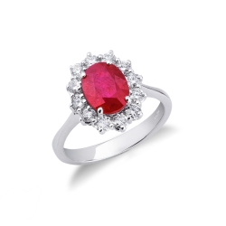 White gold 18k halo ring with diamonds and a central ruby 