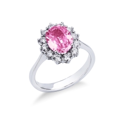 Halo Ring Weißgold mit Diamanten und rosa Saphir