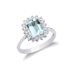 18k white gold halo ring with diamonds and aquamarine