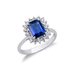 18k white gold halo ring with blue sapphires and diamonds 