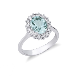 Anillo contorno en oro blanco de 18k con centro de aquamarina y diamantes