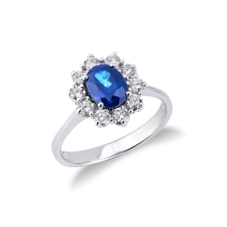 Diamond halo ring white gold 18k with a central blue sapphire and diamonds 