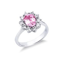 Halo ring in white gold 18k with pink sapphire oval cut and diamonds