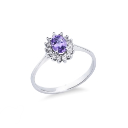 Halo ring with oval cut amethyst and diamonds 