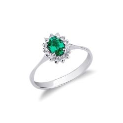 Halo ring white gold 18k with central emerald and diamonds