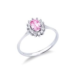 Diamond halo pink sapphire ring in 18kt white gold