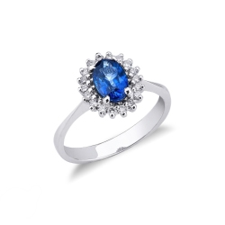White gold 18k ring with diamonds and blue sapphire oval cut 