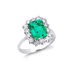 White gold 18k halo ring with diamonds and emerald 