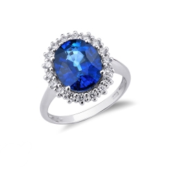 Halo ring white gold 18k with a central blue sapphire and diamonds 