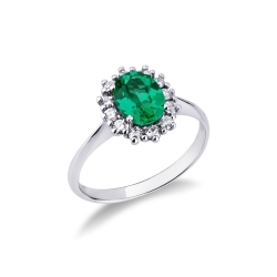 Halo ring with diamonds and central emerald in white gold 18k