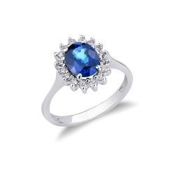 Halo ring white gold 18k with a central blue sapphire and diamonds 