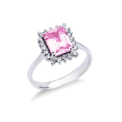 Anillo en oro blanco con zafiro rosa y halo de diamantes