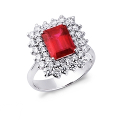 Diamond double halo ring with central ruby white gold 18k