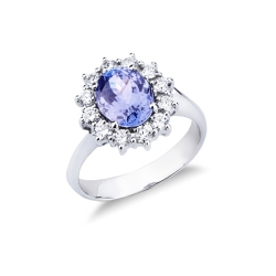 Anello in oro bianco 18k con tanzanite taglio ovale e contorno di diamanti