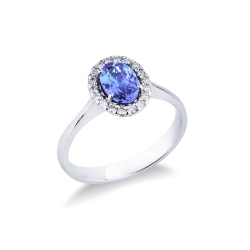White gold 18k halo ring with diamonds and tanzanite oval cut 
