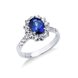 Bague Lady Di en or blanc 18k avec saphir bleu et diamants