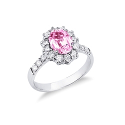 Bague halo en or blanc 18k avec saphir rose ovale et diamants