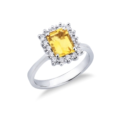 Anillo en oro blanco 18k con citrino rectangular y diamantes