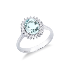 Halo Ring mit Aquamarin und Diamanten 18K Weißgold
