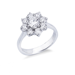 Anello contorno in oro bianco 18k e diamanti, diamante centrale 0.55 ct