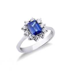 White gold 18k halo ring with diamonds and a central blue sapphire 