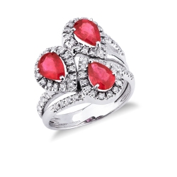 White gold 18k halo ring with diamonds and rubies pear cut