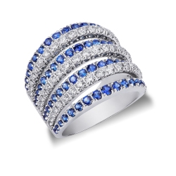18k white gold band ring with blue sapphire and diamonds 
