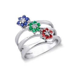 Triple band ring in white gold with diamonds, emeralds, rubies and blue sapphires 