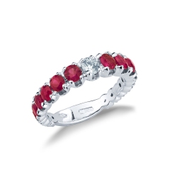 White gold 18k half eternity ring with diamonds and rubies